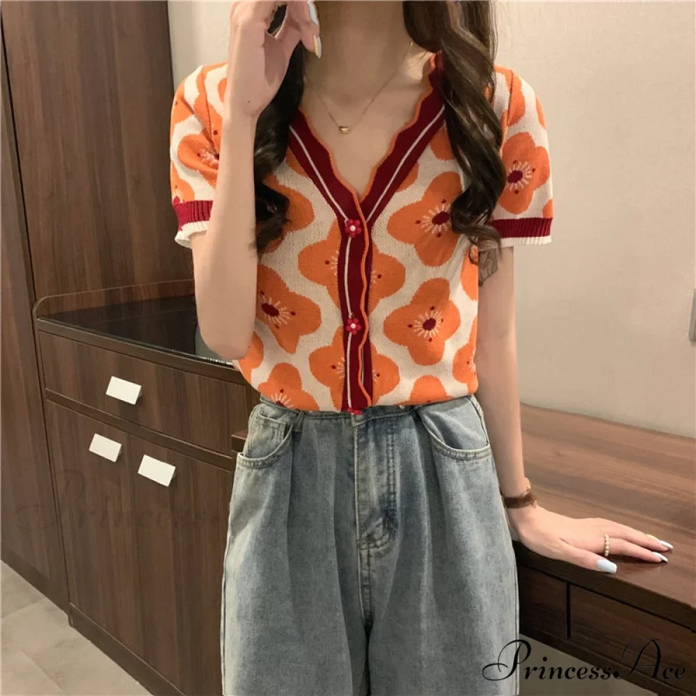 V-Neck Knitted Printed Flowers Sweaters Vintage Cardigan - Image 5