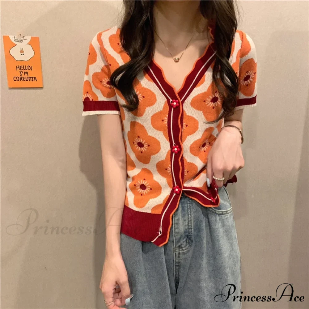 V-Neck Knitted Printed Flowers Sweaters Vintage Cardigan - Image 6