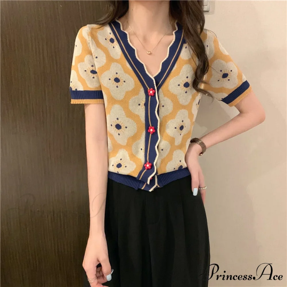 V-Neck Knitted Printed Flowers Sweaters Vintage Cardigan - Image 7