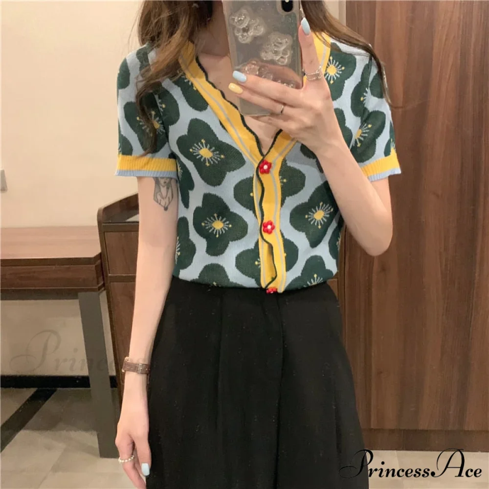 V-Neck Knitted Printed Flowers Sweaters Vintage Cardigan - Image 8
