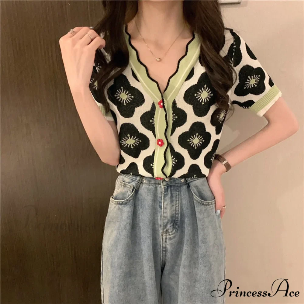 V-Neck Knitted Printed Flowers Sweaters Vintage Cardigan - Image 9