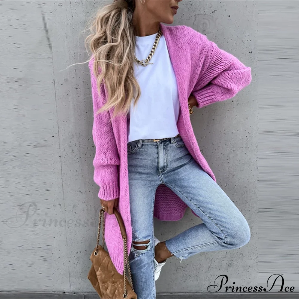 Women Casual Long Sleeve O-Neck Cardigan Solid Loose Knit Coats - Image 2