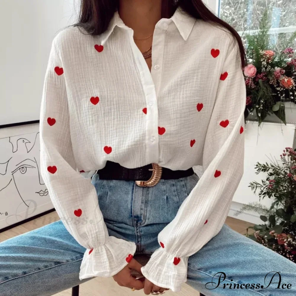 Turn Down Collar Heart Print Blouses - Image 2