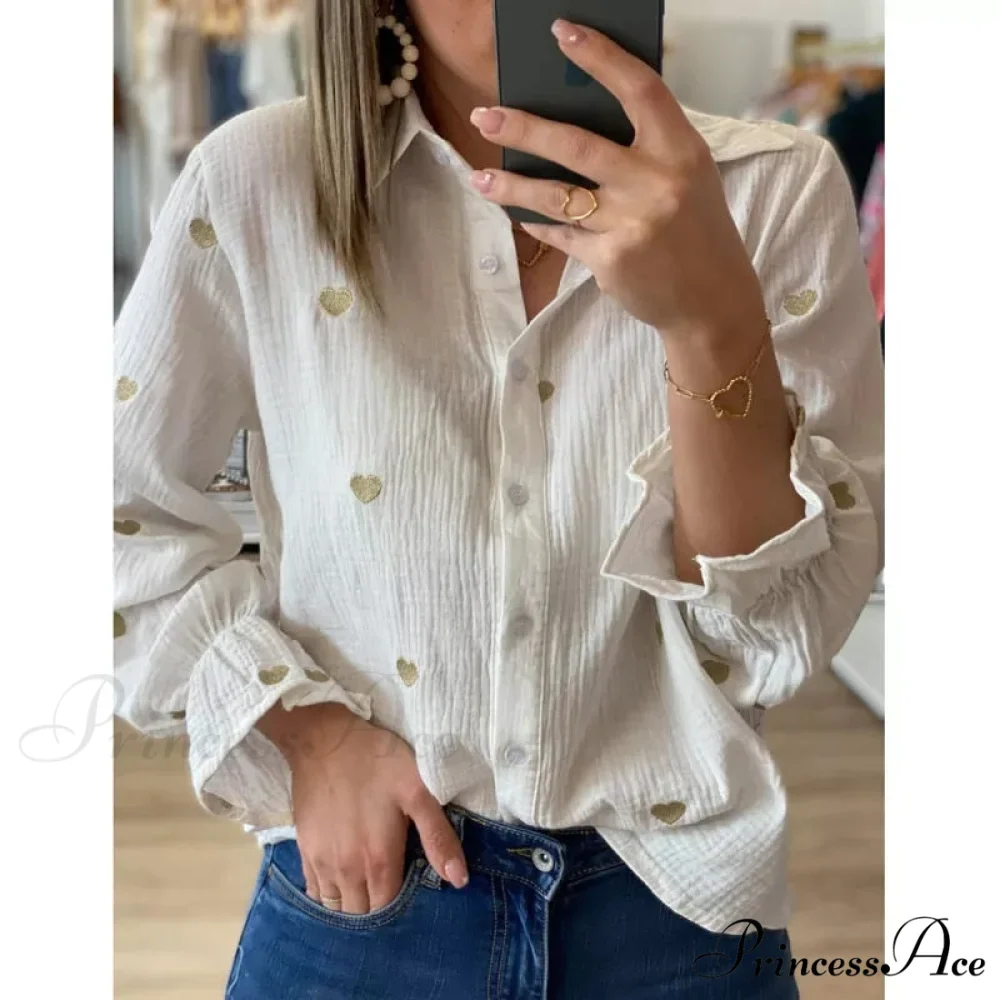 Turn Down Collar Heart Print Blouses - Image 4