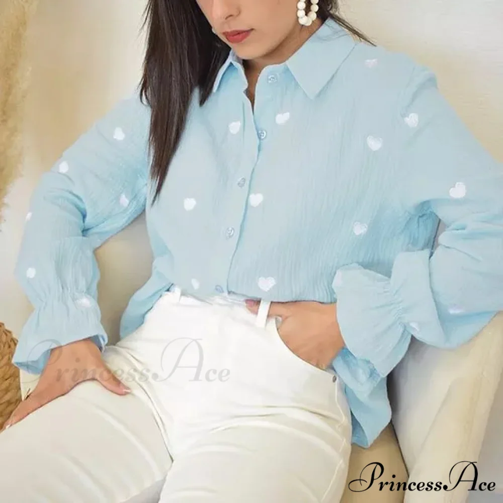 Turn Down Collar Heart Print Blouses - Image 6
