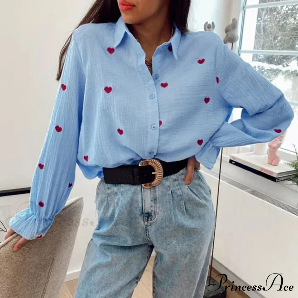 Turn Down Collar Heart Print Blouses - Image 7