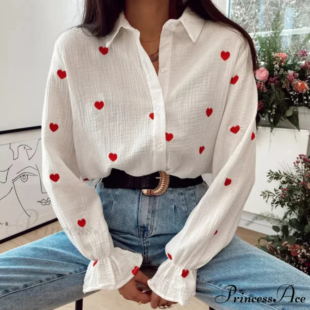 Turn Down Collar Heart Print Blouses - Image 8