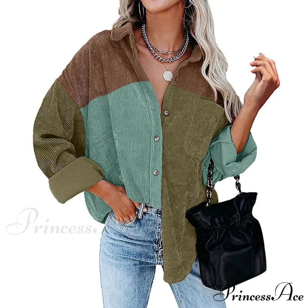 Vintage Color Block Patchwork Corduroy Shirt - Image 11