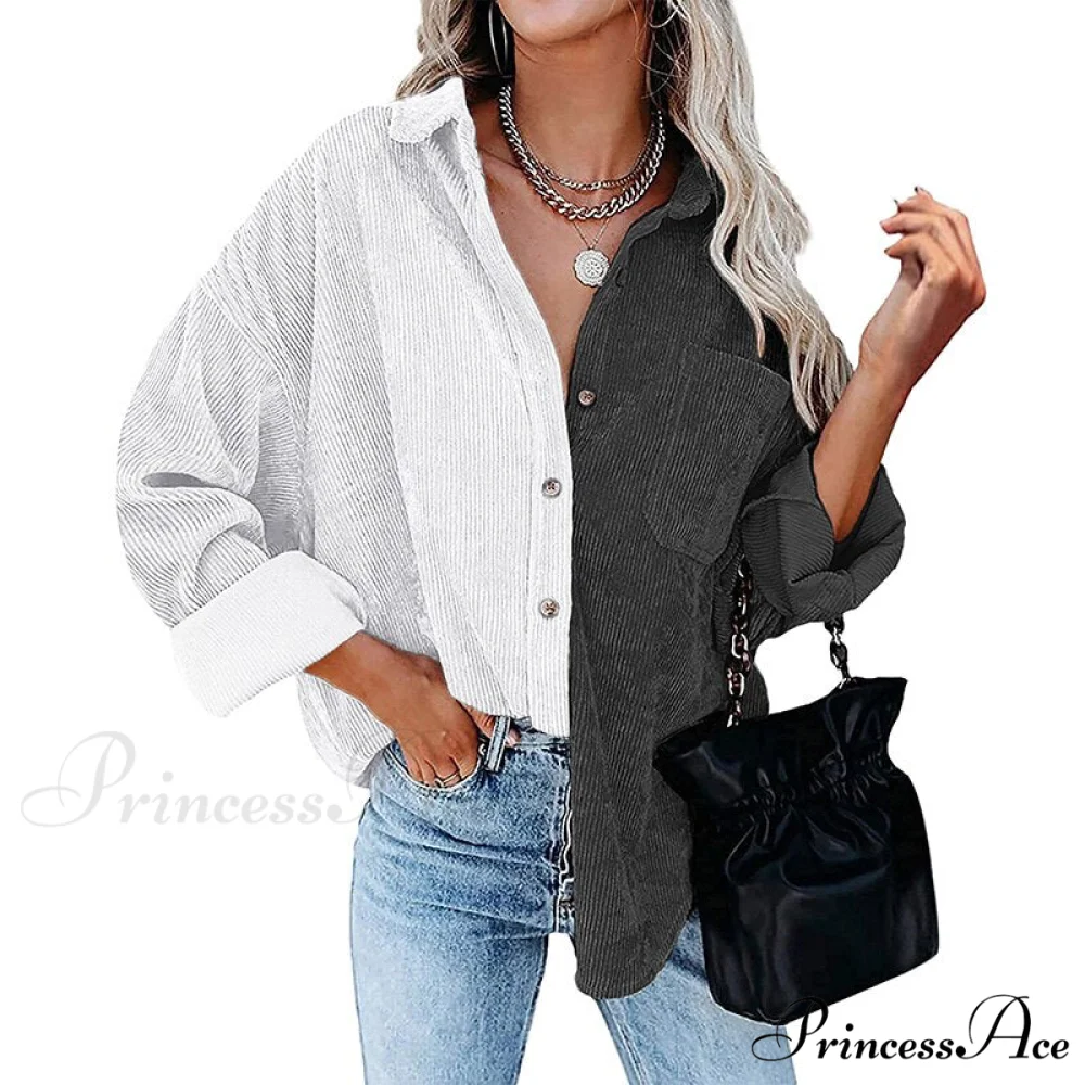 Vintage Color Block Patchwork Corduroy Shirt - Image 2
