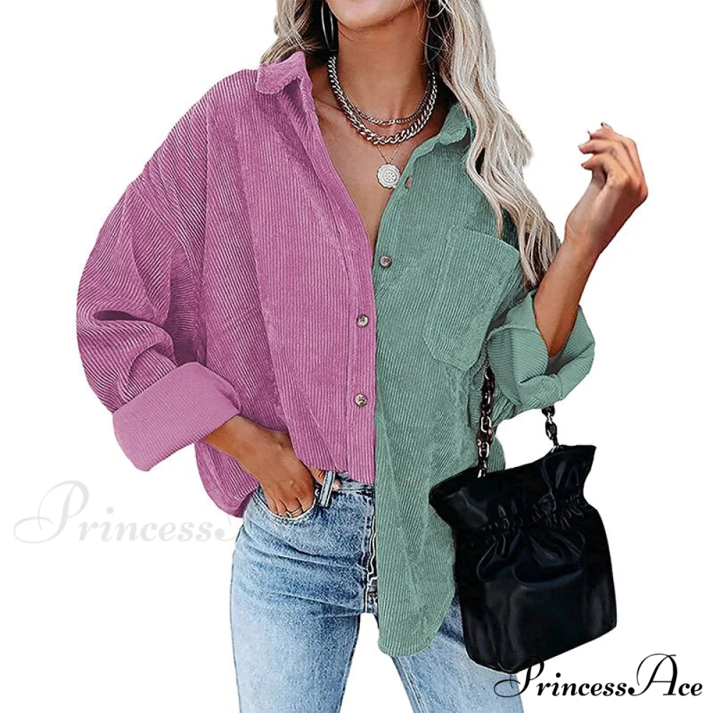 Vintage Color Block Patchwork Corduroy Shirt - Image 8