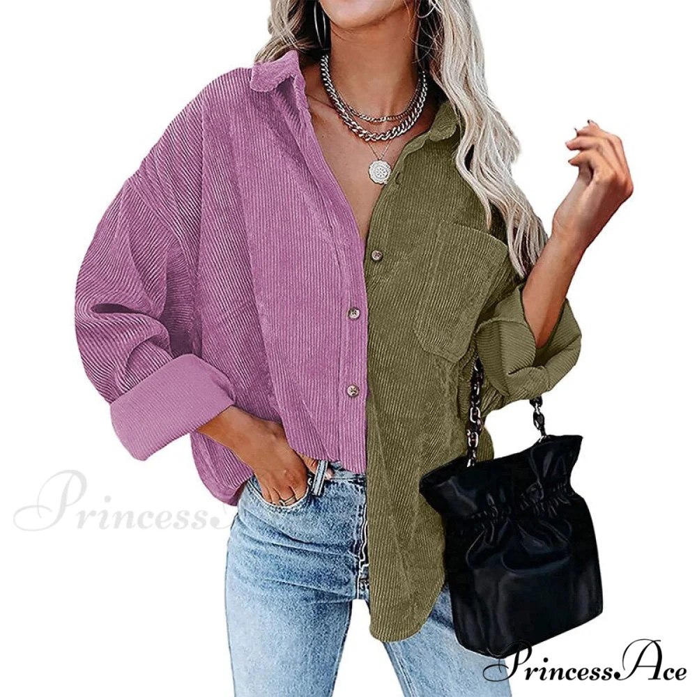 Vintage Color Block Patchwork Corduroy Shirt - Image 9