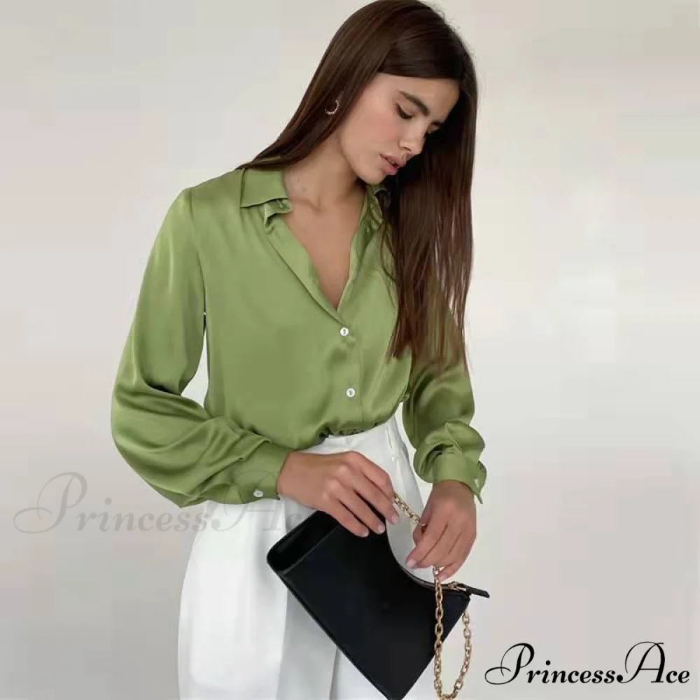 Elegant Long Sleeve Green Silk Blouse - Image 3