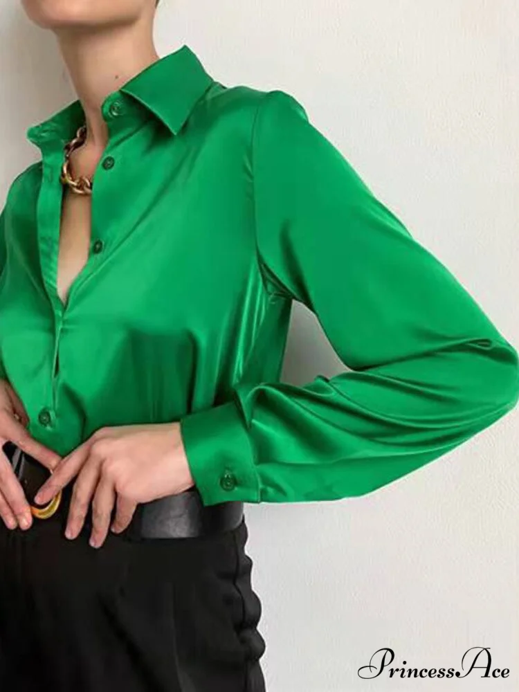 Elegant Long Sleeve Green Silk Blouse - Image 6