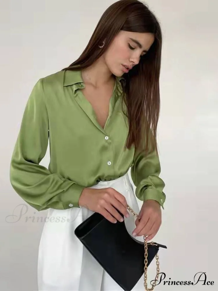 Elegant Long Sleeve Green Silk Blouse - Image 8