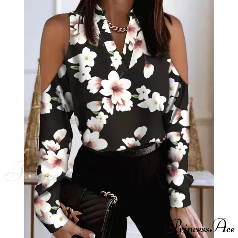Fashion V-neck Printed Off Shoulder Loose Shirt - Image 3