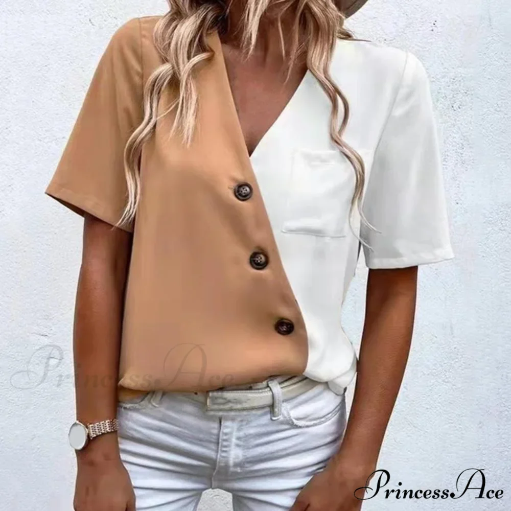 V-Neck Short Sleeve Buttons Decor Lady Shirt - Image 2