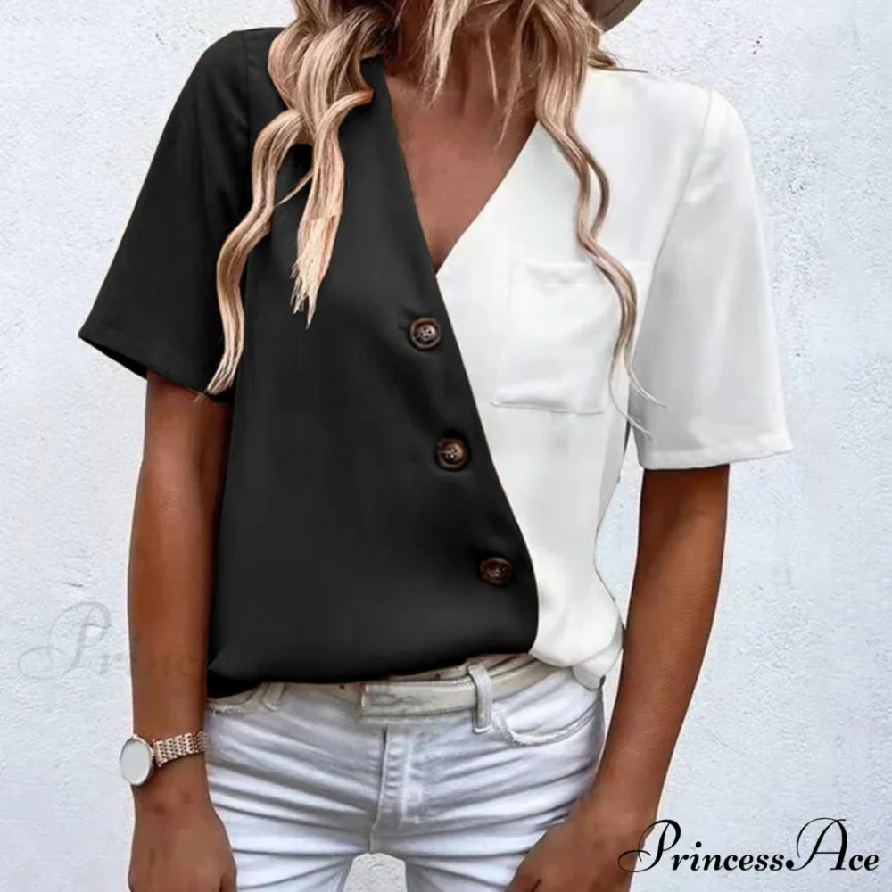 V-Neck Short Sleeve Buttons Decor Lady Shirt - Image 3