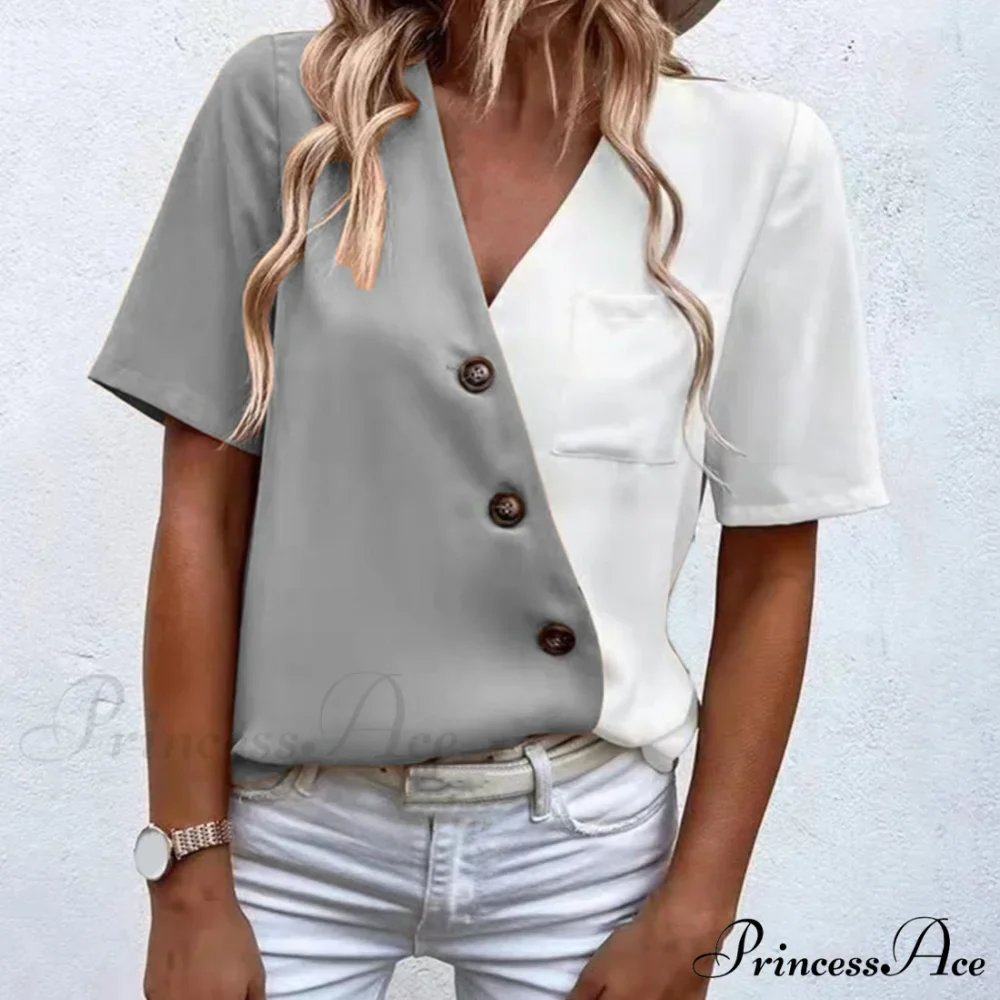 V-Neck Short Sleeve Buttons Decor Lady Shirt - Image 4