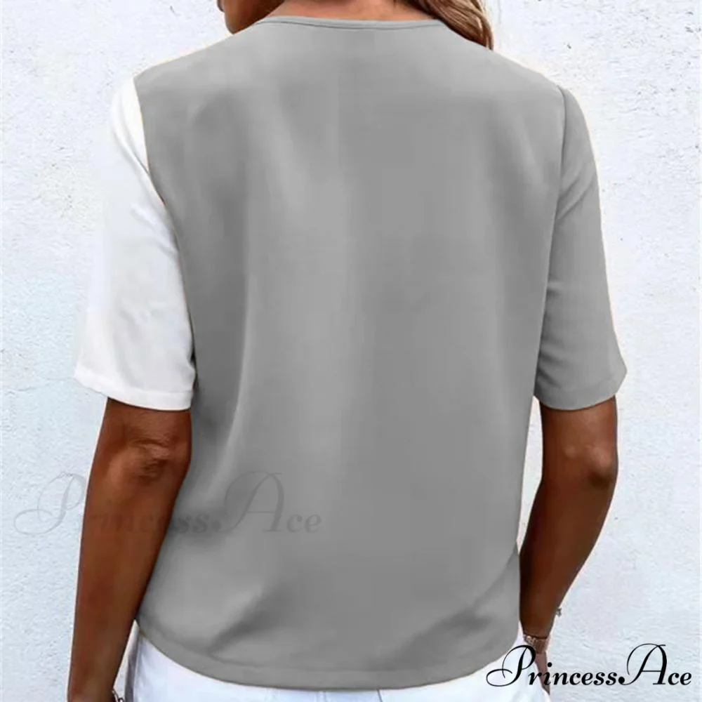 V-Neck Short Sleeve Buttons Decor Lady Shirt - Image 5