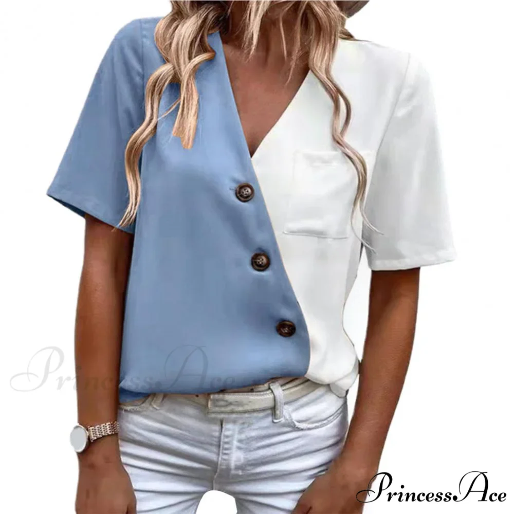 V-Neck Short Sleeve Buttons Decor Lady Shirt - Image 6