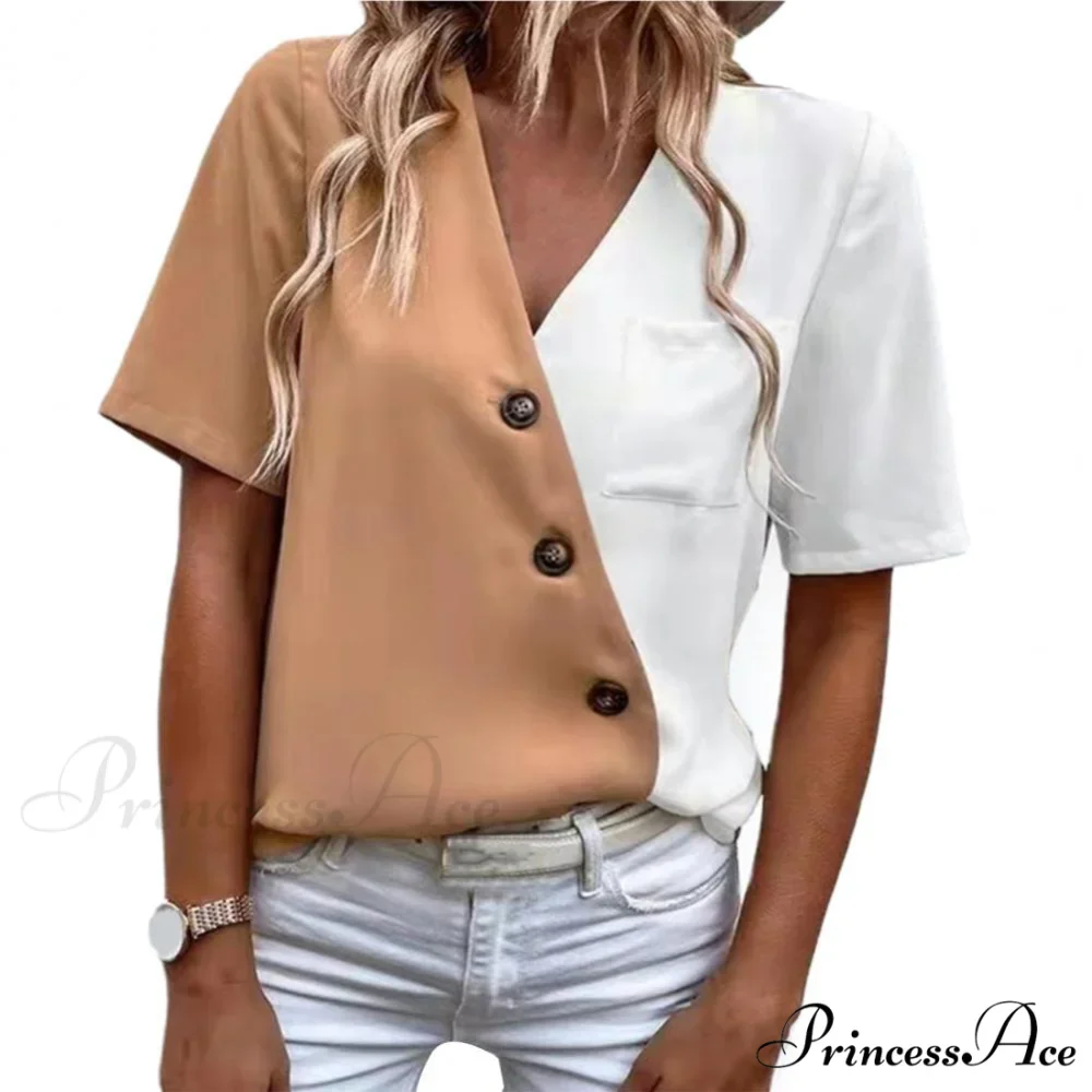 V-Neck Short Sleeve Buttons Decor Lady Shirt - Image 7