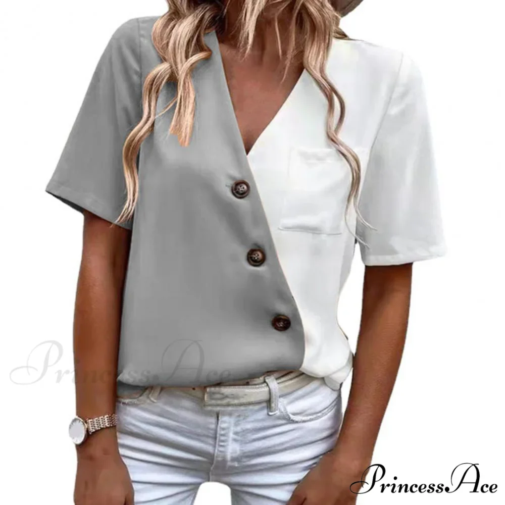 V-Neck Short Sleeve Buttons Decor Lady Shirt - Image 8