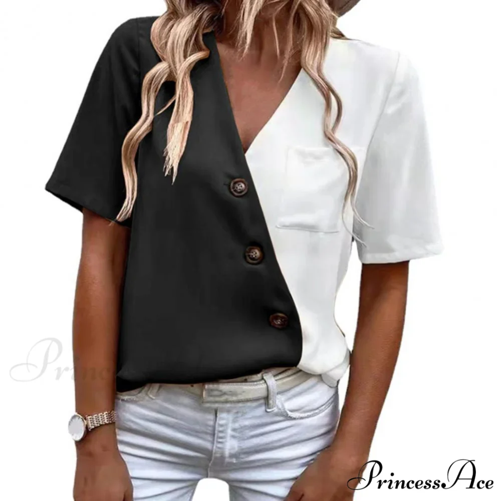 V-Neck Short Sleeve Buttons Decor Lady Shirt - Image 9