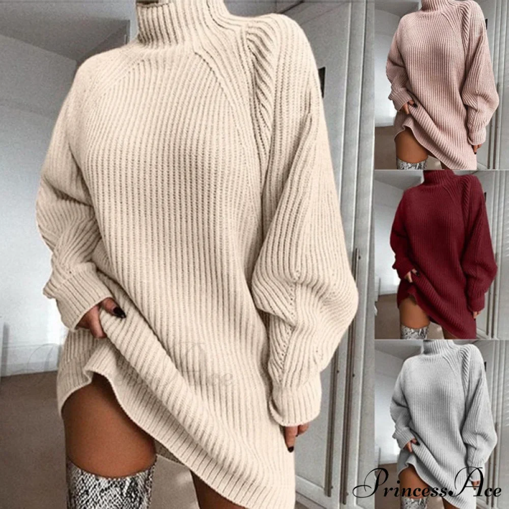 Solid Color Turtleneck Sweater Knitted Mini Dress - Image 2