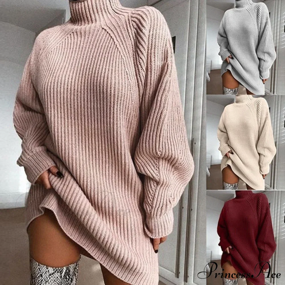 Solid Color Turtleneck Sweater Knitted Mini Dress - Image 3