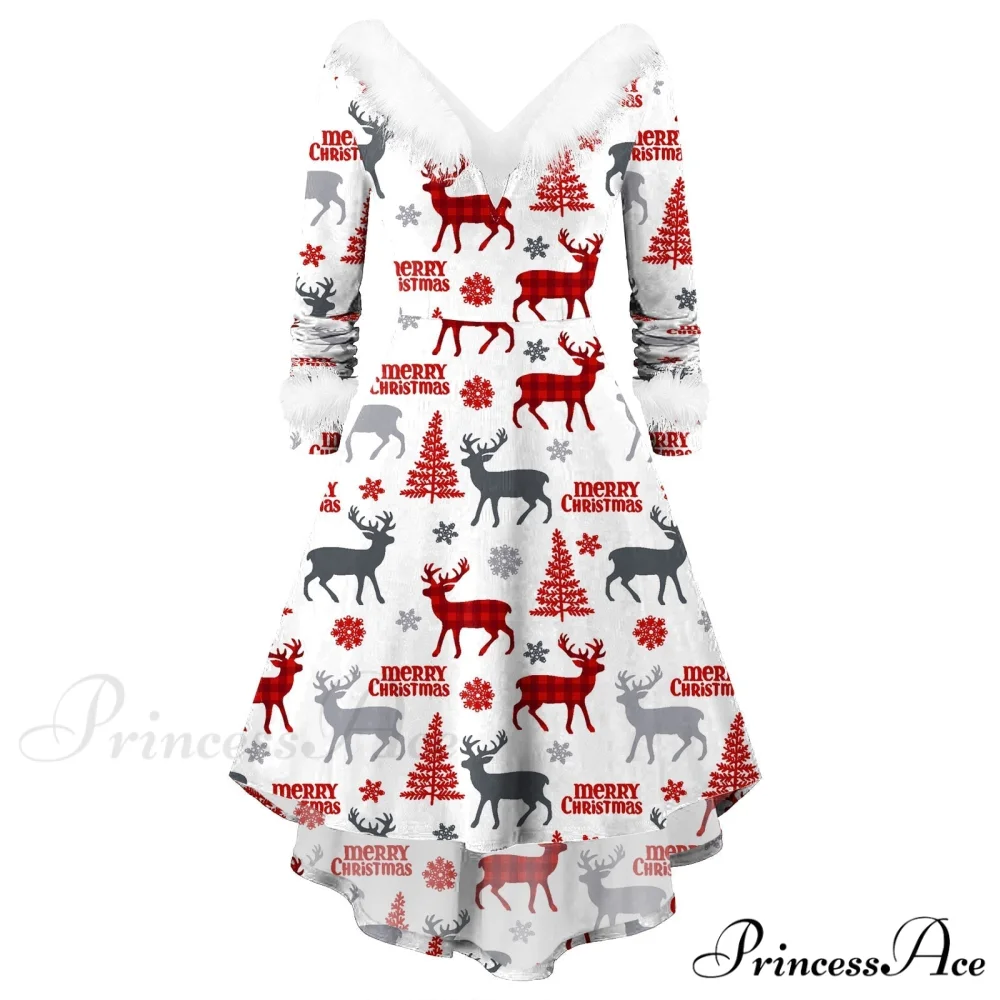 Christmas Long Sleeve Plush V Neck Casual Dresses - Image 5