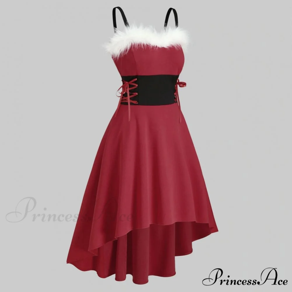 Christma Off Shoulder Contrast Color Patchwork High Low Dress - Image 2