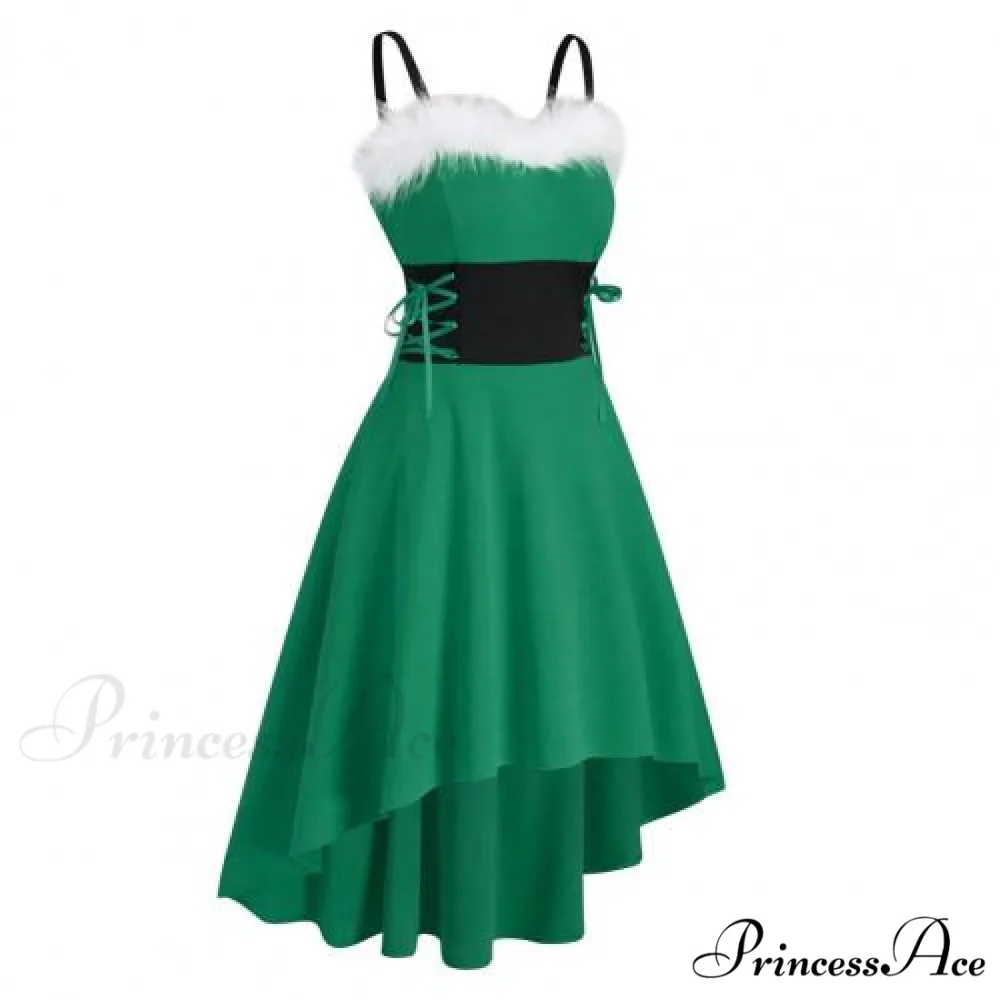 Christma Off Shoulder Contrast Color Patchwork High Low Dress - Image 4