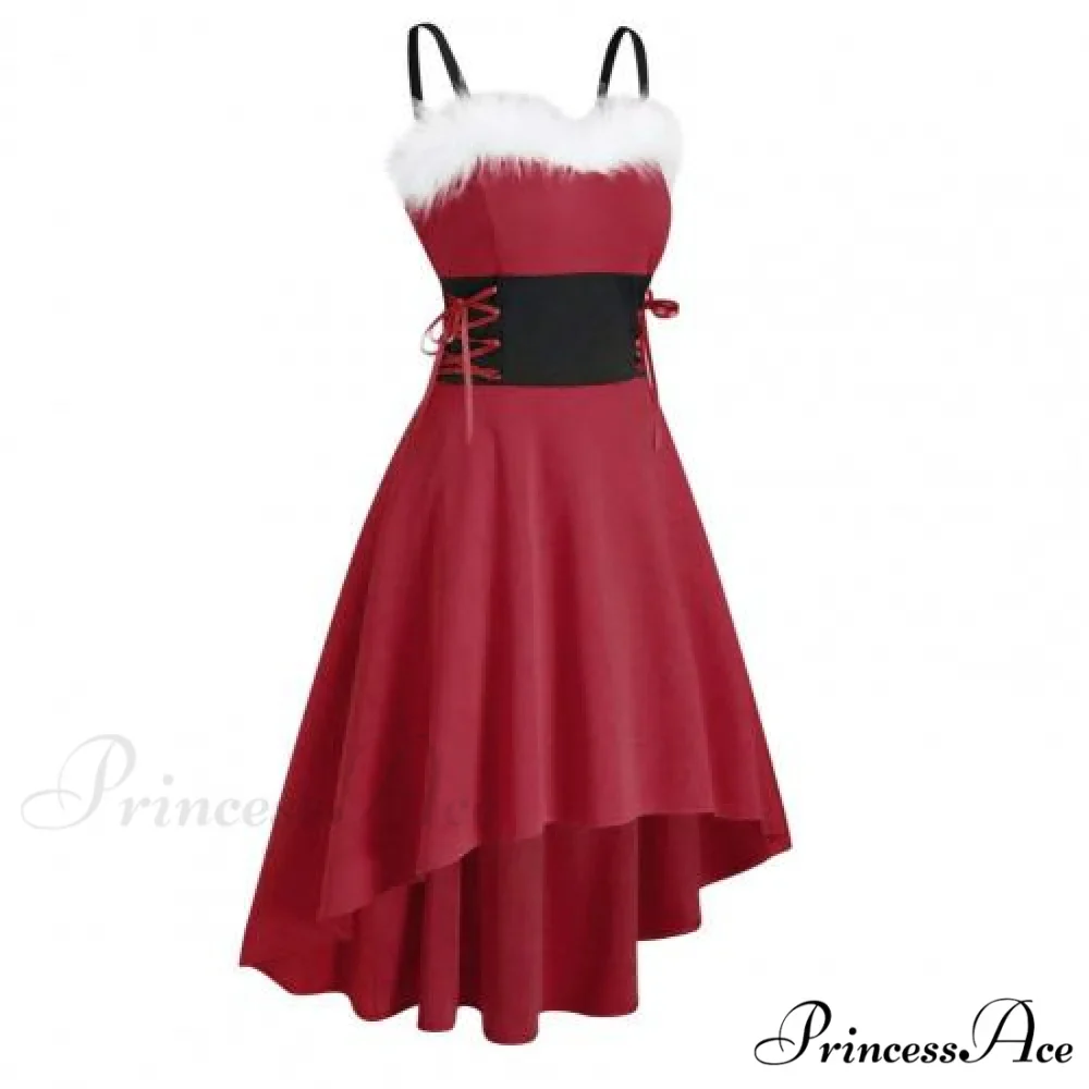 Christma Off Shoulder Contrast Color Patchwork High Low Dress - Image 5