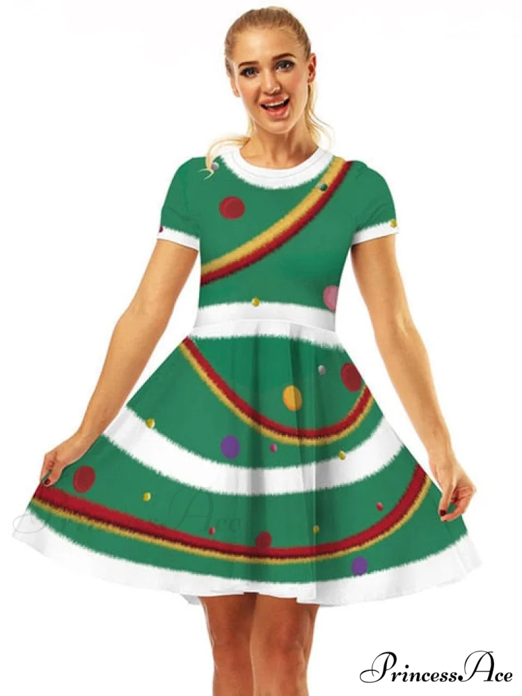 Christmas Casual Vintage O-neck Short Sleeve A-Line Vestidos - Image 2