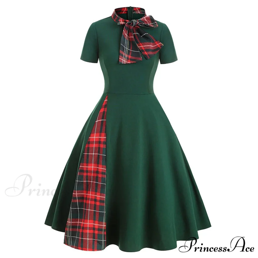Patchwork Plaid Print Bow Collar Vintage Casual Vestidos - Image 2