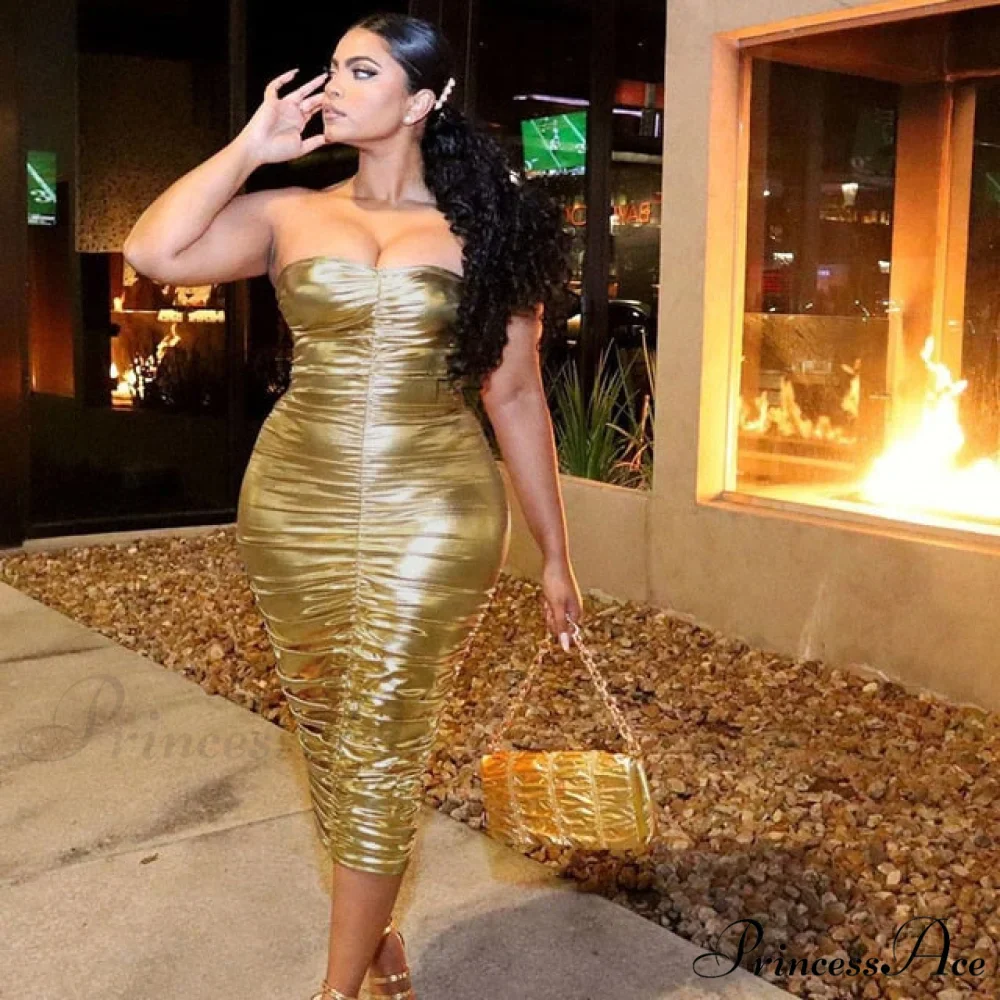 Off Shoulder Golden Wrap Chistmas Sleeveless Dress - Image 4