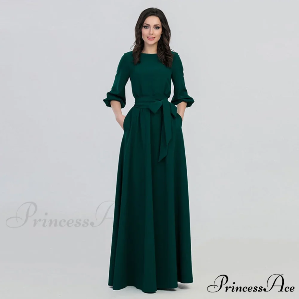 Lantern Sleeve Solid Belt Long Christmas Dress - Image 2