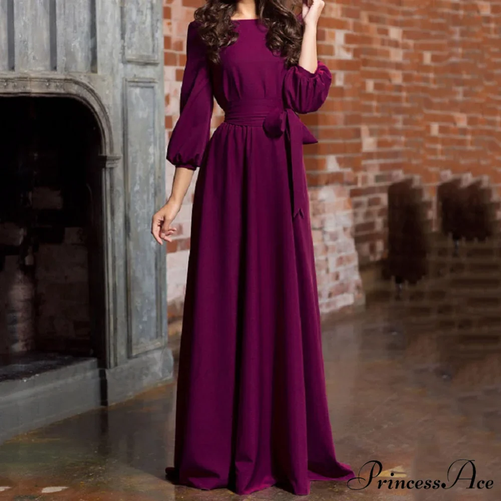 Lantern Sleeve Solid Belt Long Christmas Dress - Image 3
