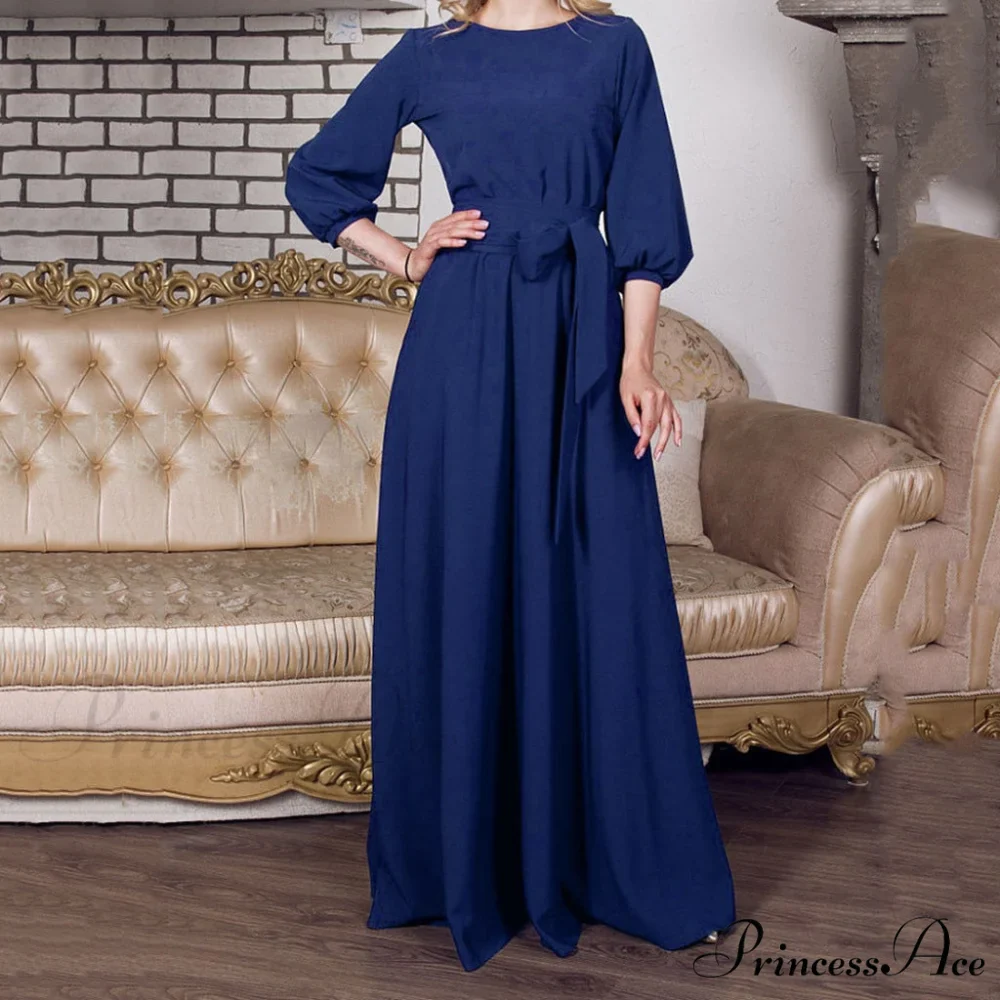 Lantern Sleeve Solid Belt Long Christmas Dress - Image 4
