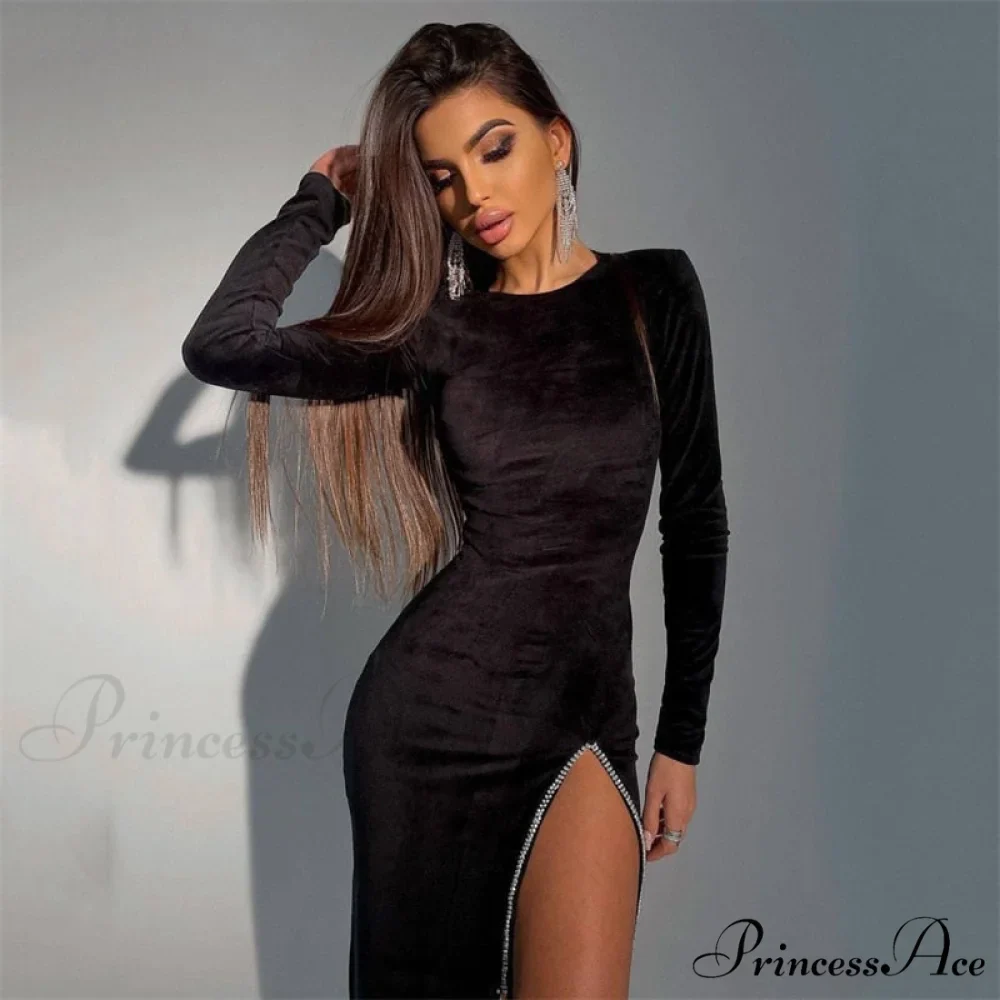 Black Velvet Long Sleeve Midi Side Slit Bodycon Christmas Dress - Image 3