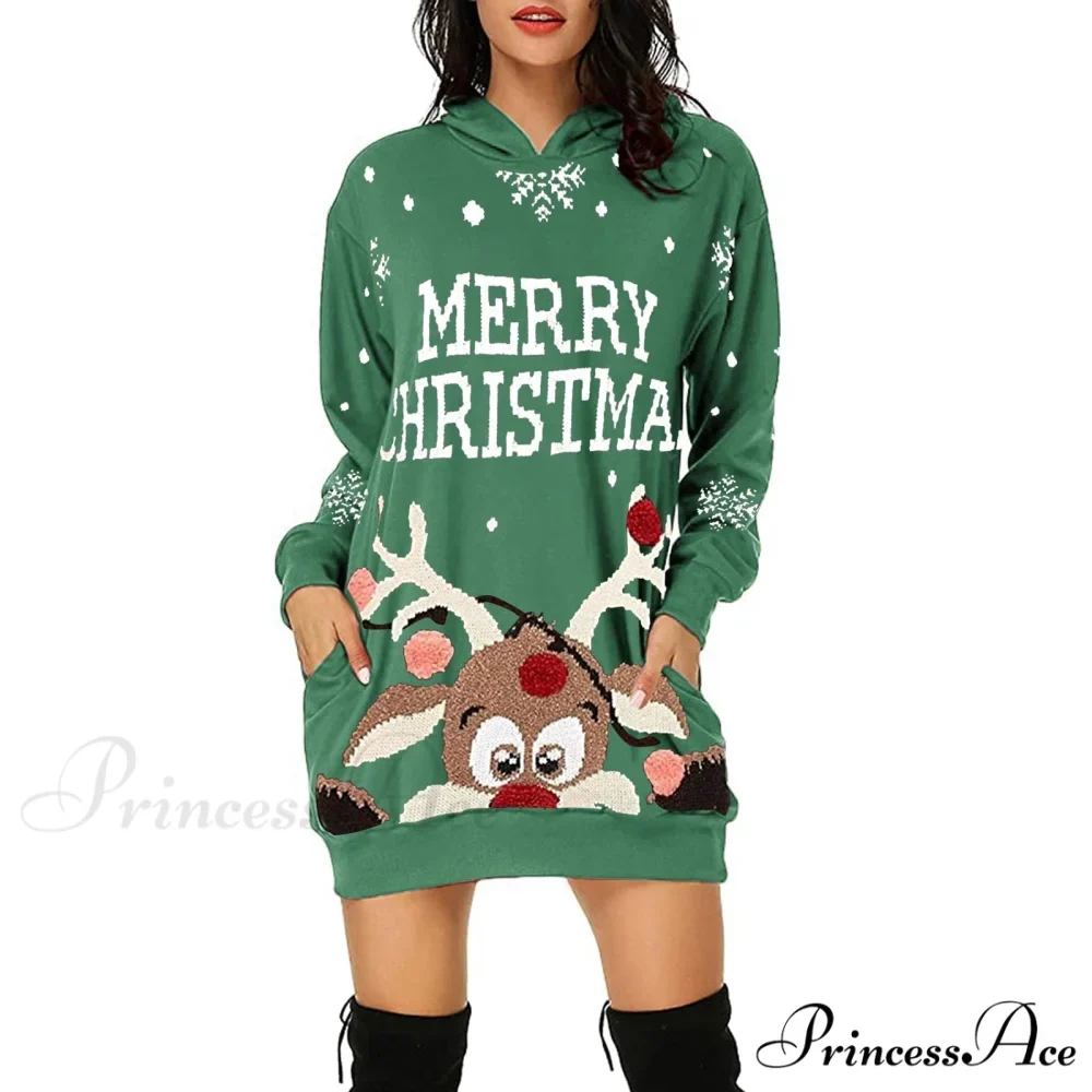 Christmas Hoodie Bag Hip Pocket Elk Sweater Dress - Image 2
