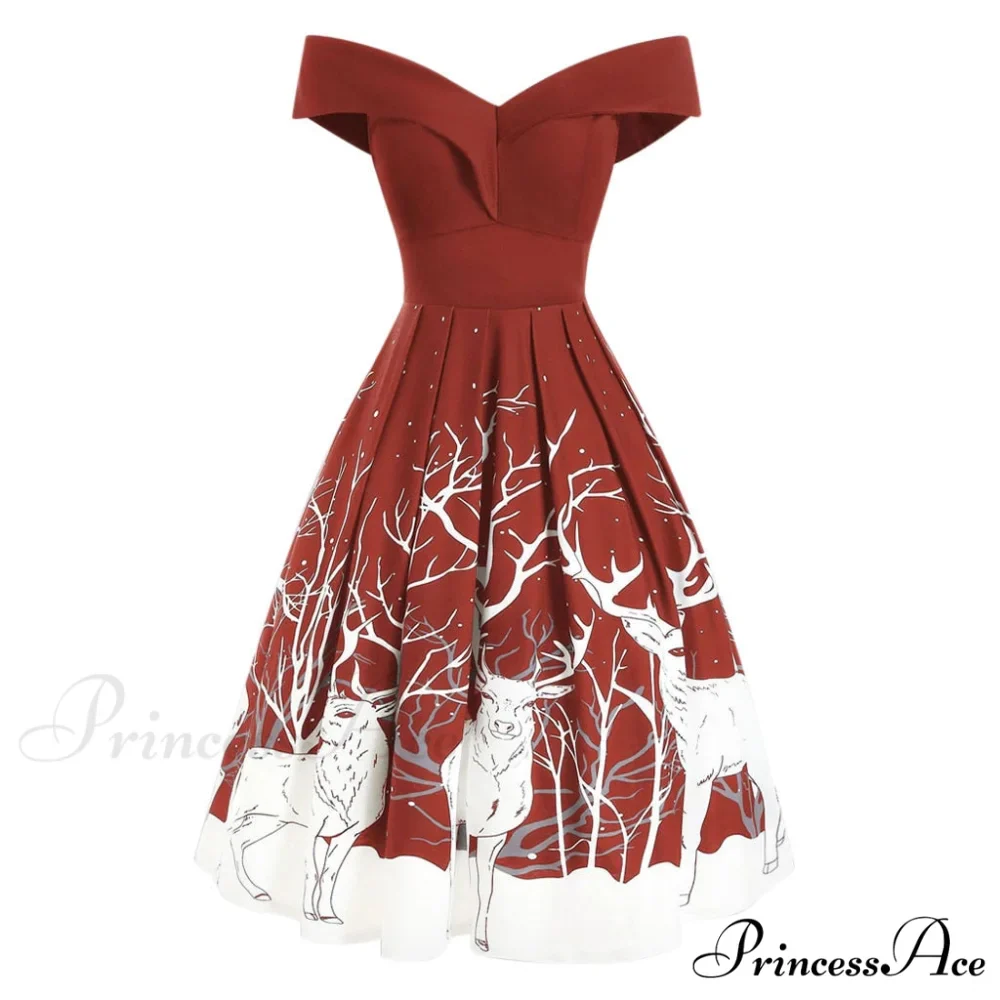 Christmas Floral Print Cold Shoulder Flounce Trim Dress - Image 5