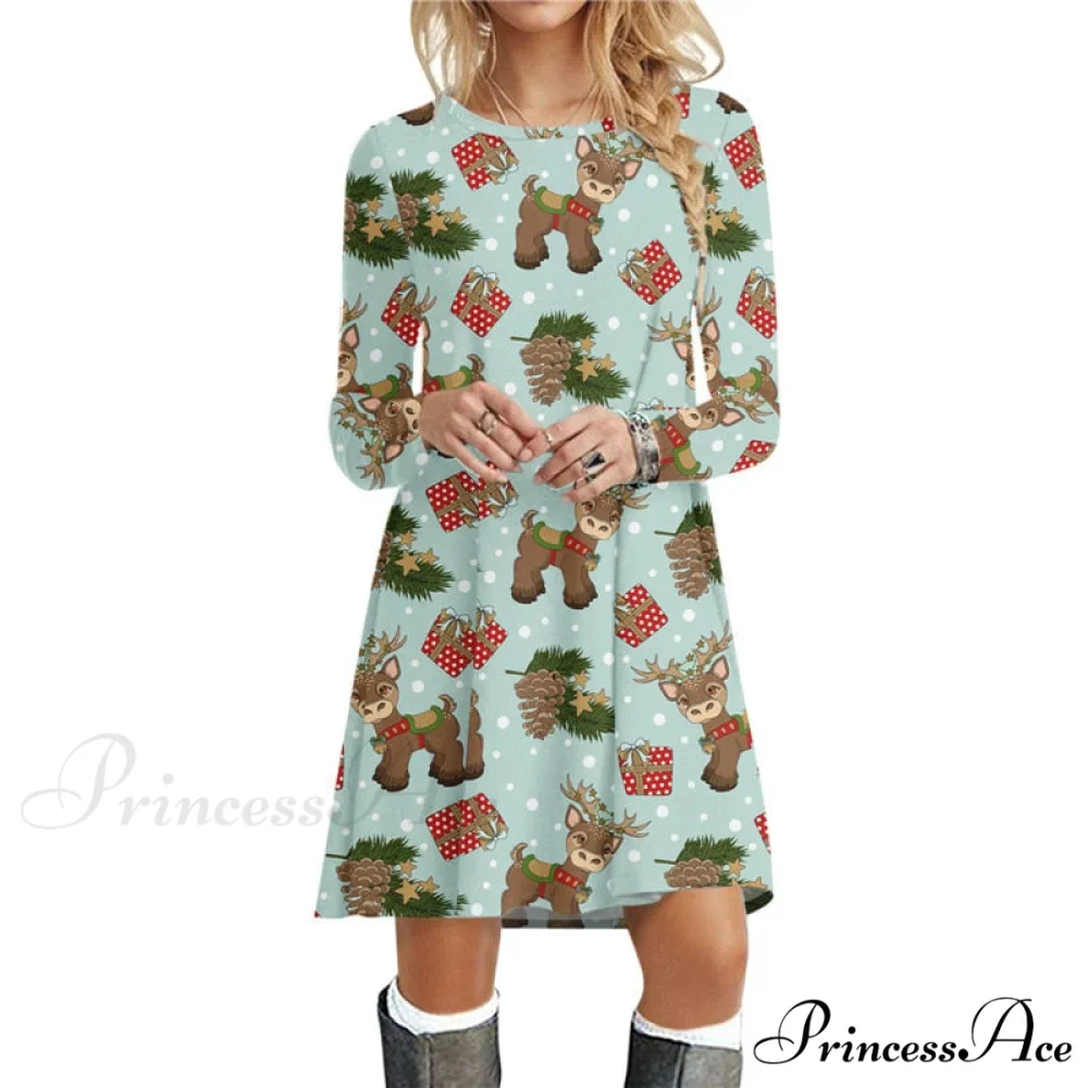 Christmas Deer Long Sleeve 3D Print Mini Dress - Image 2
