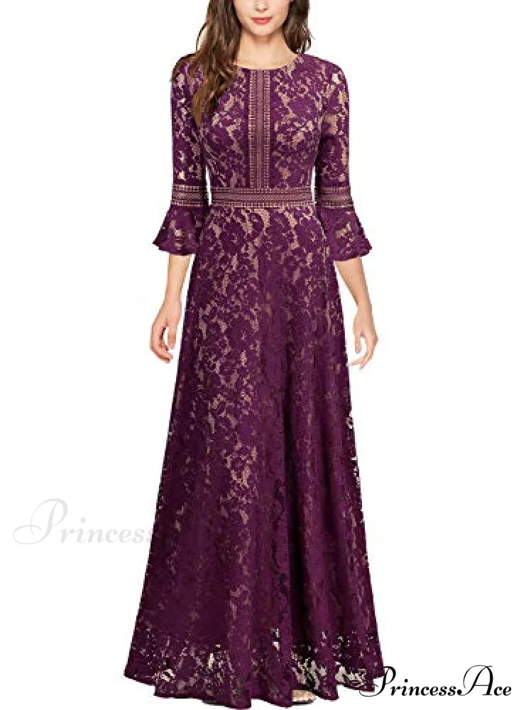 Christmas Vintage Full Lace Contrast Bell Sleeve Formal Long Dress - Image 2