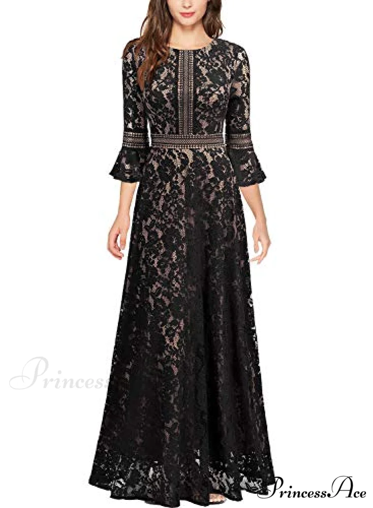 Christmas Vintage Full Lace Contrast Bell Sleeve Formal Long Dress - Image 3