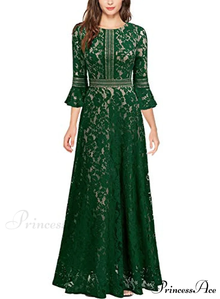Christmas Vintage Full Lace Contrast Bell Sleeve Formal Long Dress - Image 4