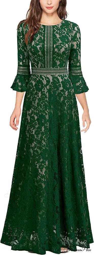 Christmas Vintage Full Lace Contrast Bell Sleeve Formal Long Dress - Image 5