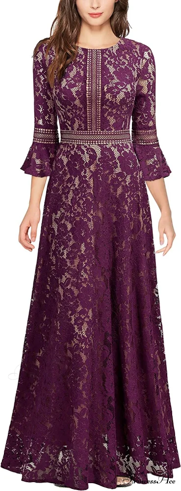 Christmas Vintage Full Lace Contrast Bell Sleeve Formal Long Dress - Image 6