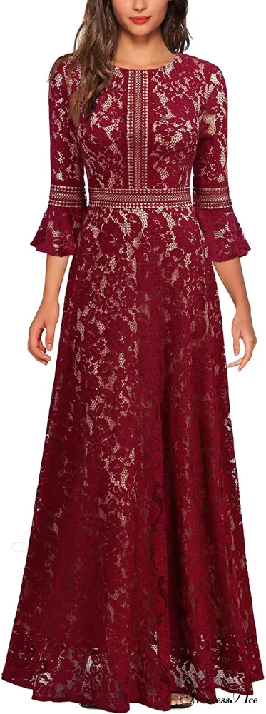Christmas Vintage Full Lace Contrast Bell Sleeve Formal Long Dress - Image 7