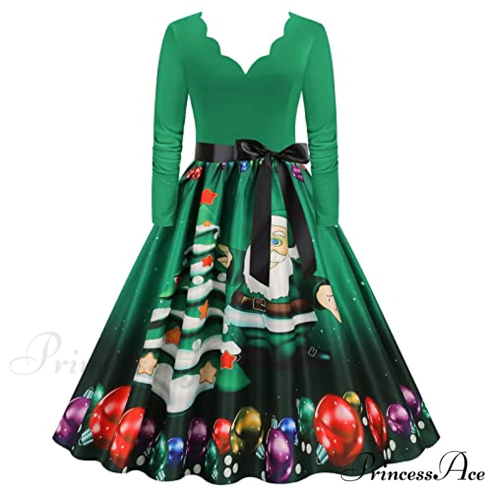 Christmas Classic Tea Long Sleeve V Neck Dresses